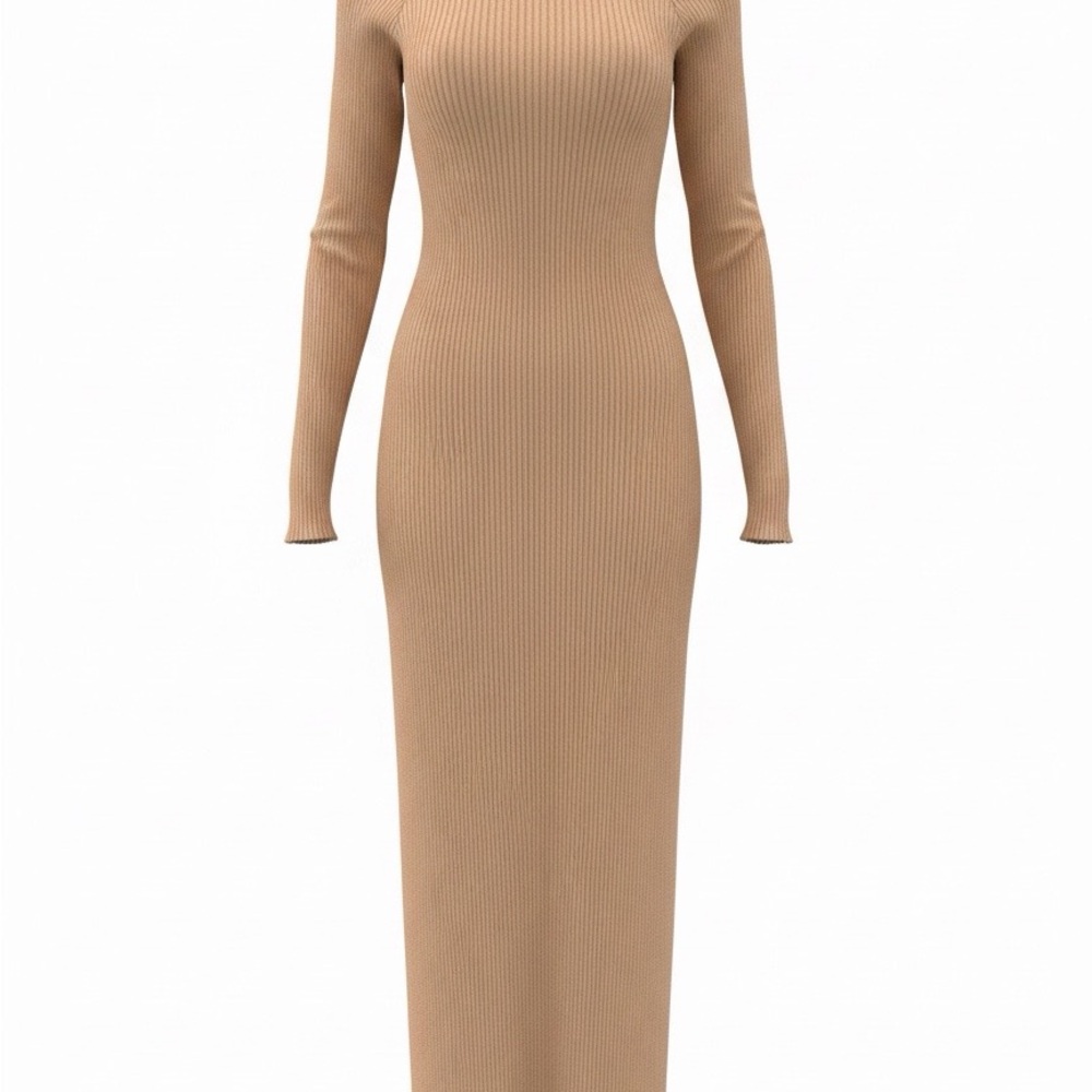 Long Ribbed Knit Maxi Dress in Camel